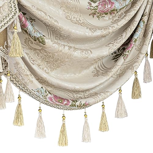 Pearly Beige Jacquard Waterfall Valance with Tassels, W79Inch K19290