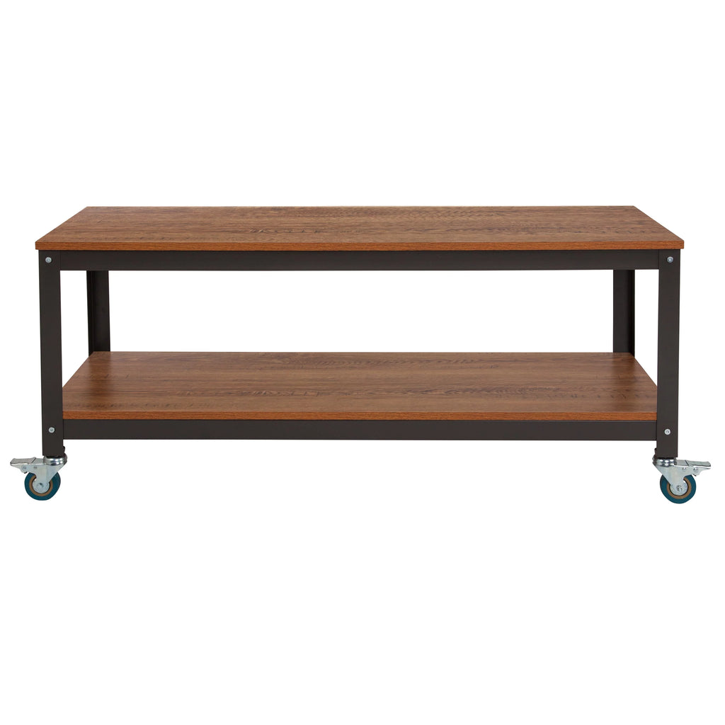 Brown Oak Wood Grain TV Stand with Metal Wheels C20985