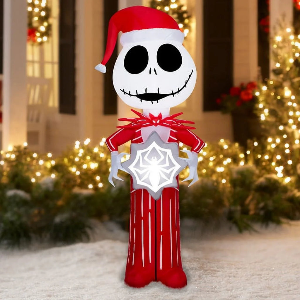 5.5 Foot Stylized Jack Skellington Inflatable with Spider Snowflake and Sally Holding Wreath D2238