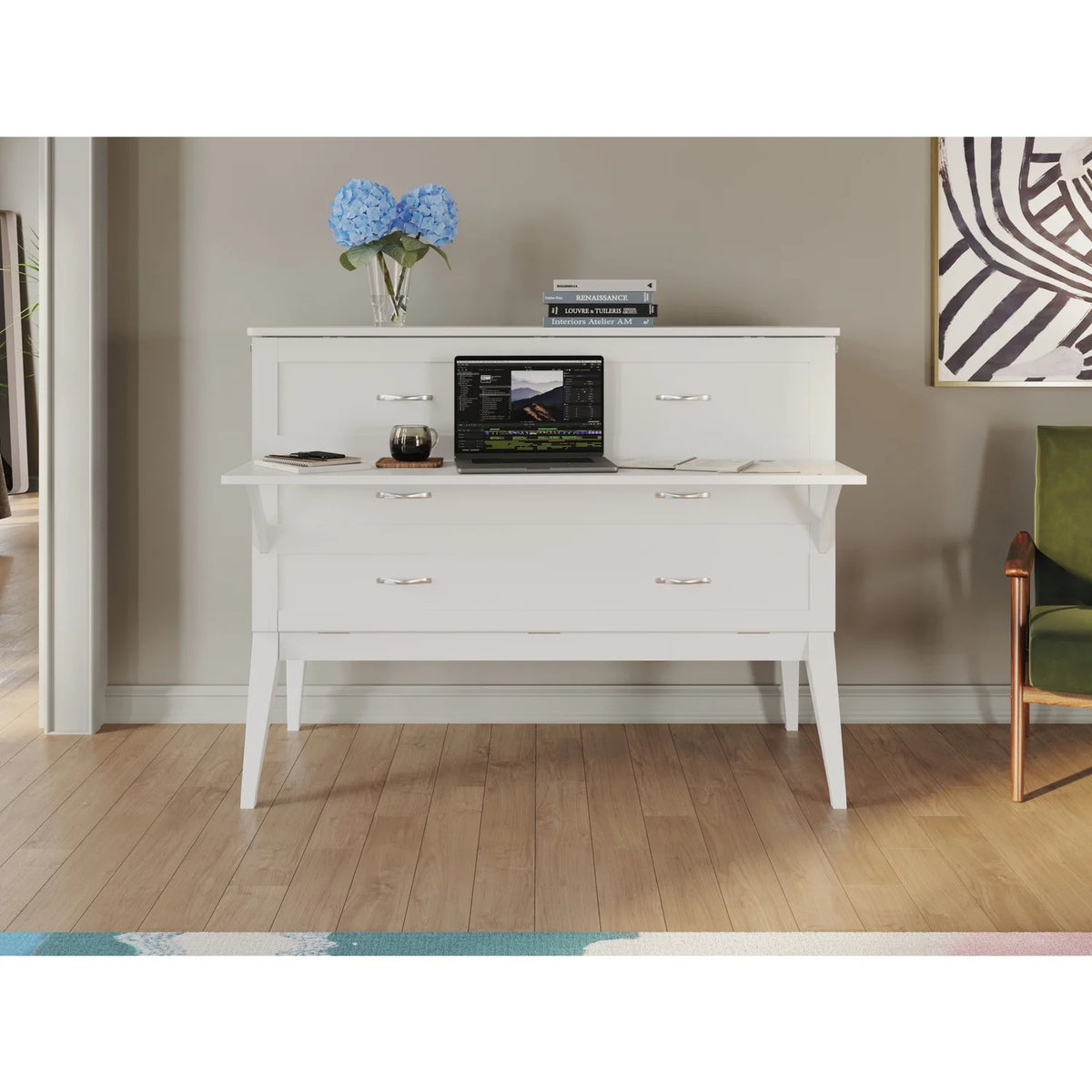 White Solid Wood Full Size Murphy Bed with Mattress V196