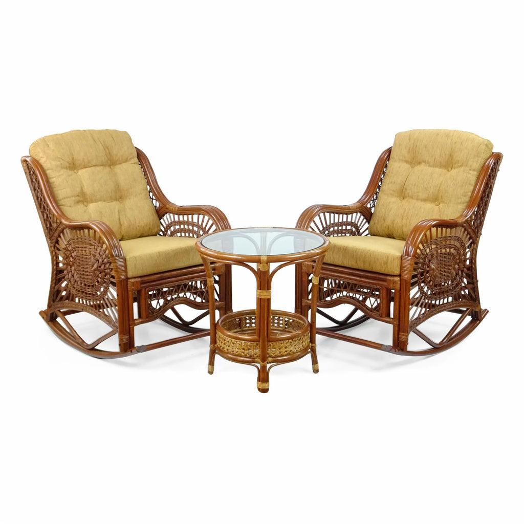 Handmade Natural Rattan Set of 2 Rocking Lounge Chairs and Round Coffee Table F2308