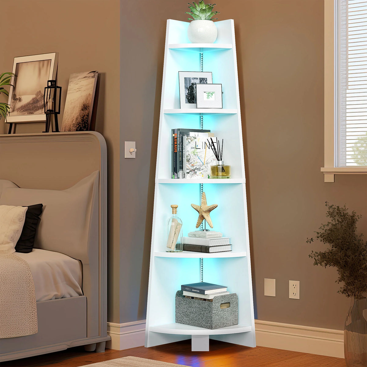 White 5 Tier Corner Shelf with Led Light X62351