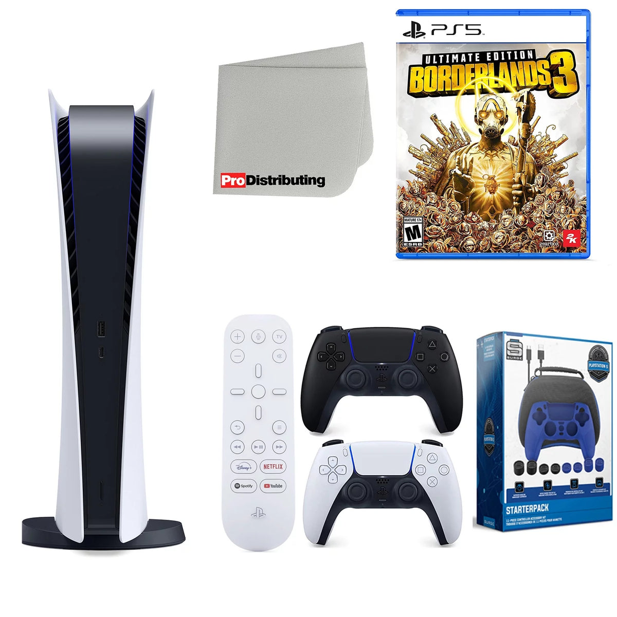 Playstation 5 Digital Version with Extra Controller, Media Remote and Accessory Starter Kit J9201