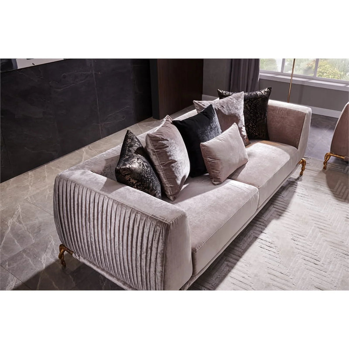 Ivory Velvet 2PC Living Room Set with Wood Z78256