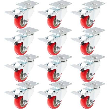 12 Pack Swivel Plate Caster Wheels with Red Polyurethane Wheels 3 inch L4122