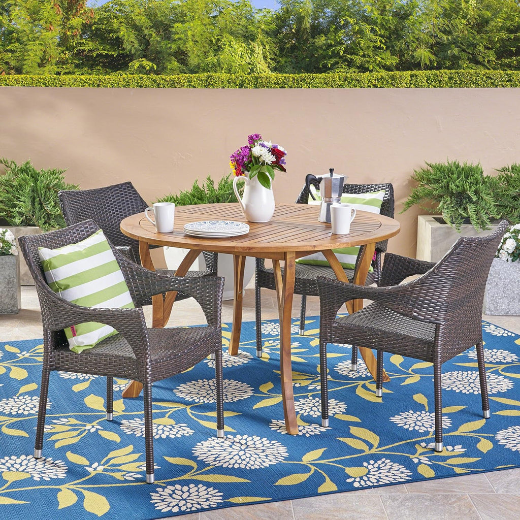 Teak Acacia Wood and Wicker 5 Piece Outdoor Dining Set Z90027