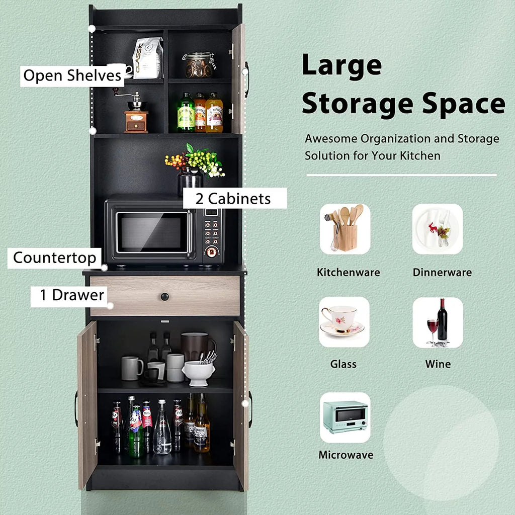 Tall Buffet Hutch Cabinet with Drawer and Shelf, Black & Natural N703