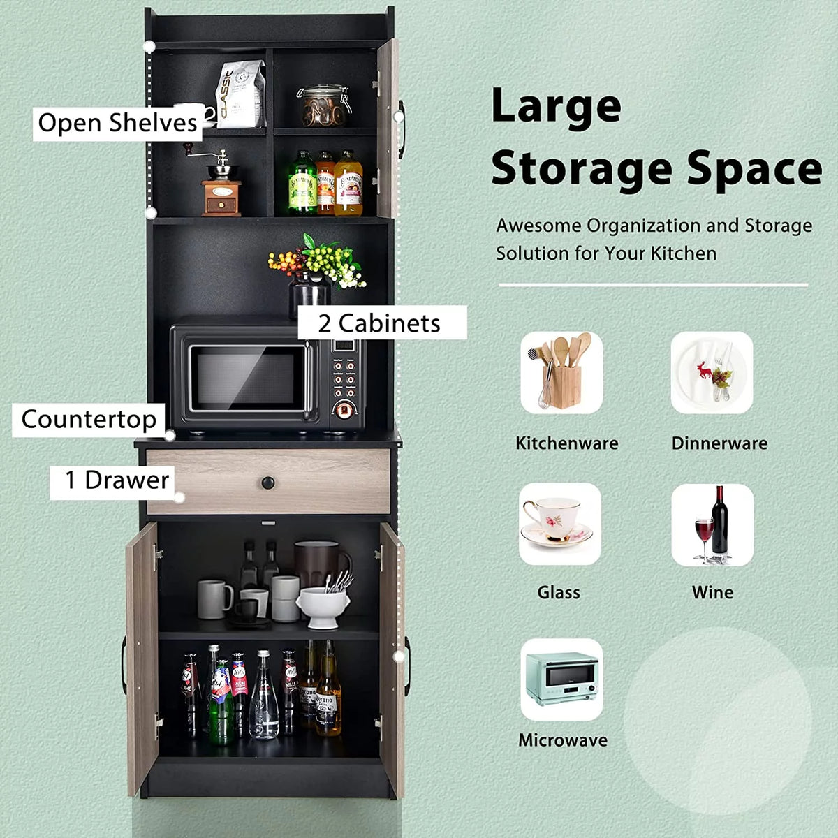 Tall Buffet Hutch Cabinet with Drawer and Shelf, Black & Natural N703