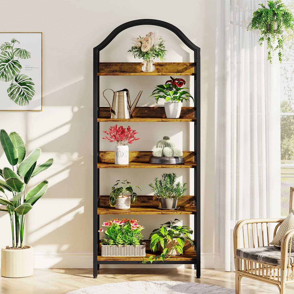 73 Inches 5-tier Arched Bookshelf with 4 Hooks V720