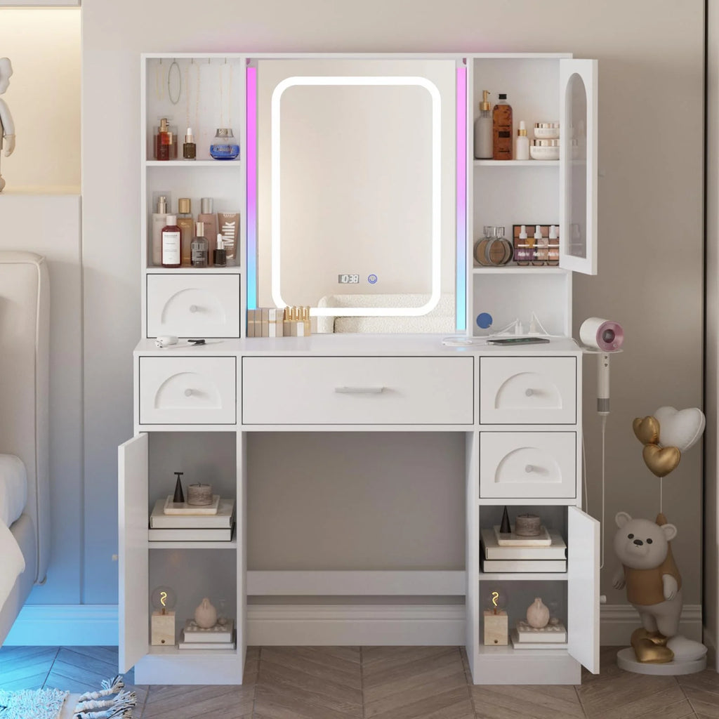 White Vanity Desk with Mirror and Lights, 5 Drawers T99433