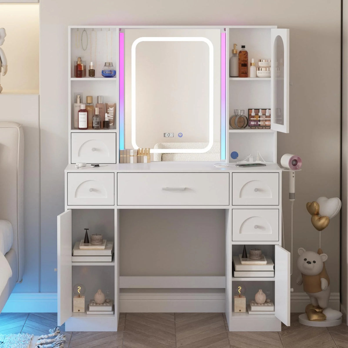 White Vanity Desk with Mirror and Lights, 5 Drawers T99433