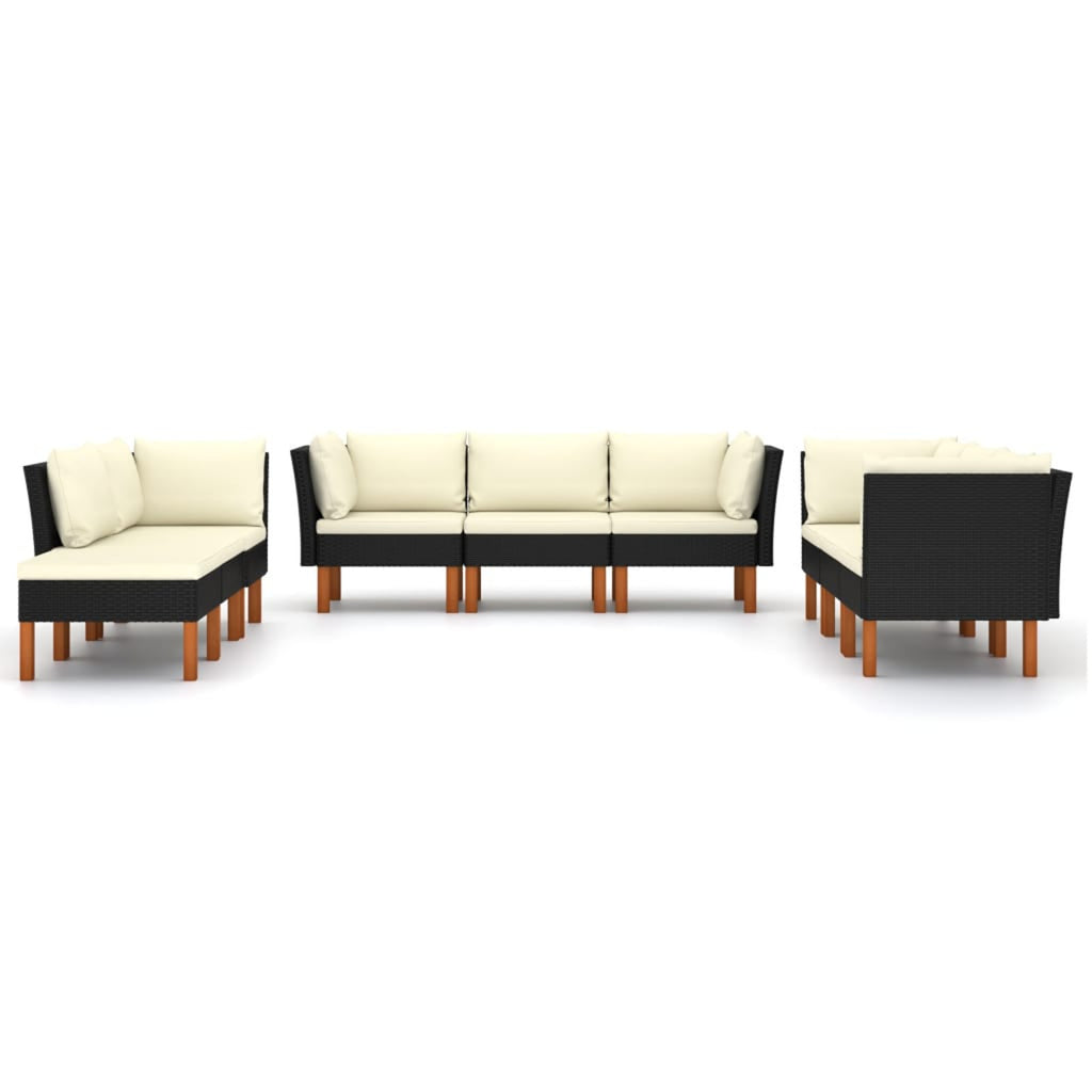 9 Piece Black Poly Rattan Outdoor Sofa Set with Cream White Cushion and Wood Legs J957
