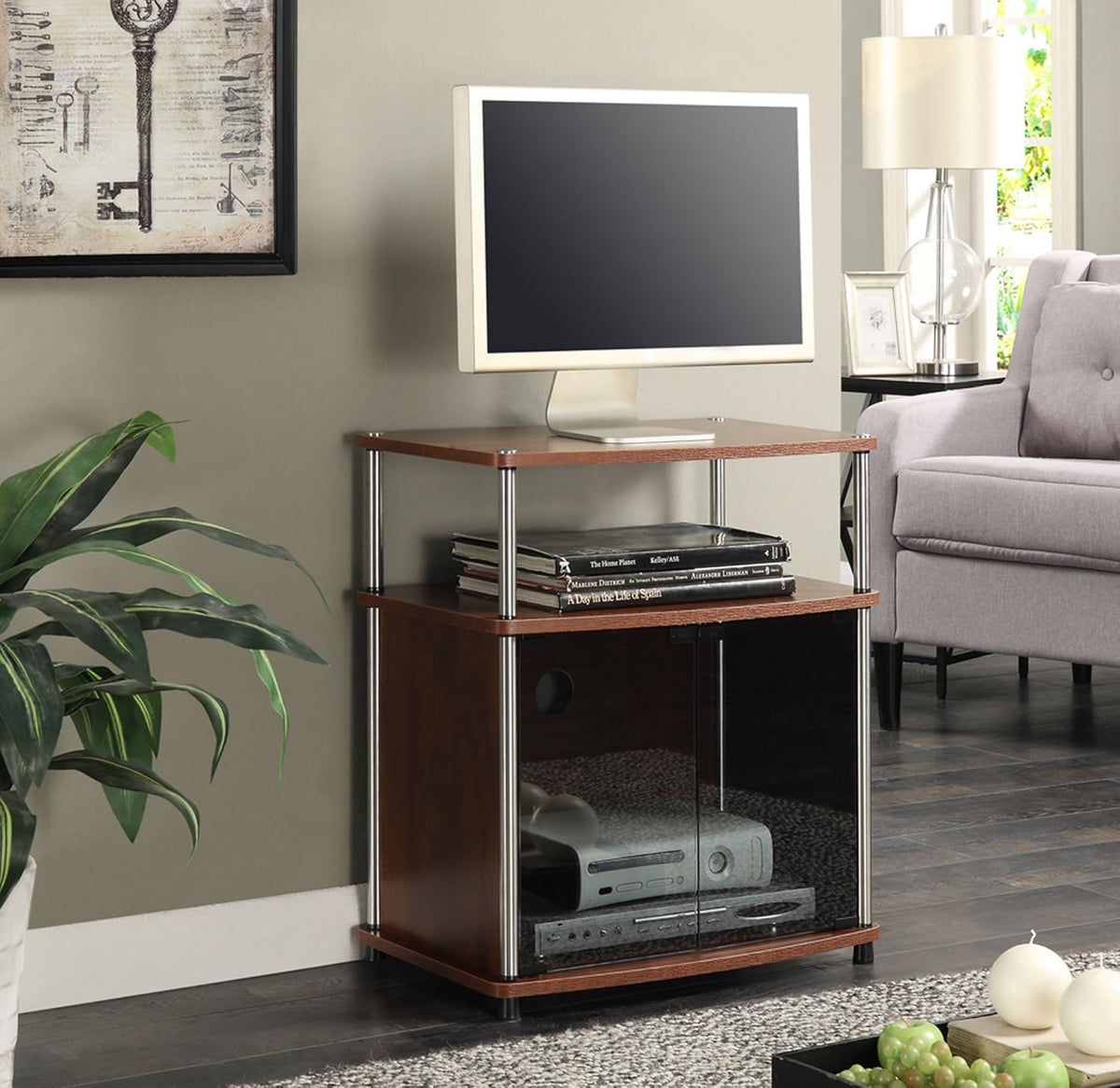 White TV Stand with Black Glass Cabinet Y959
