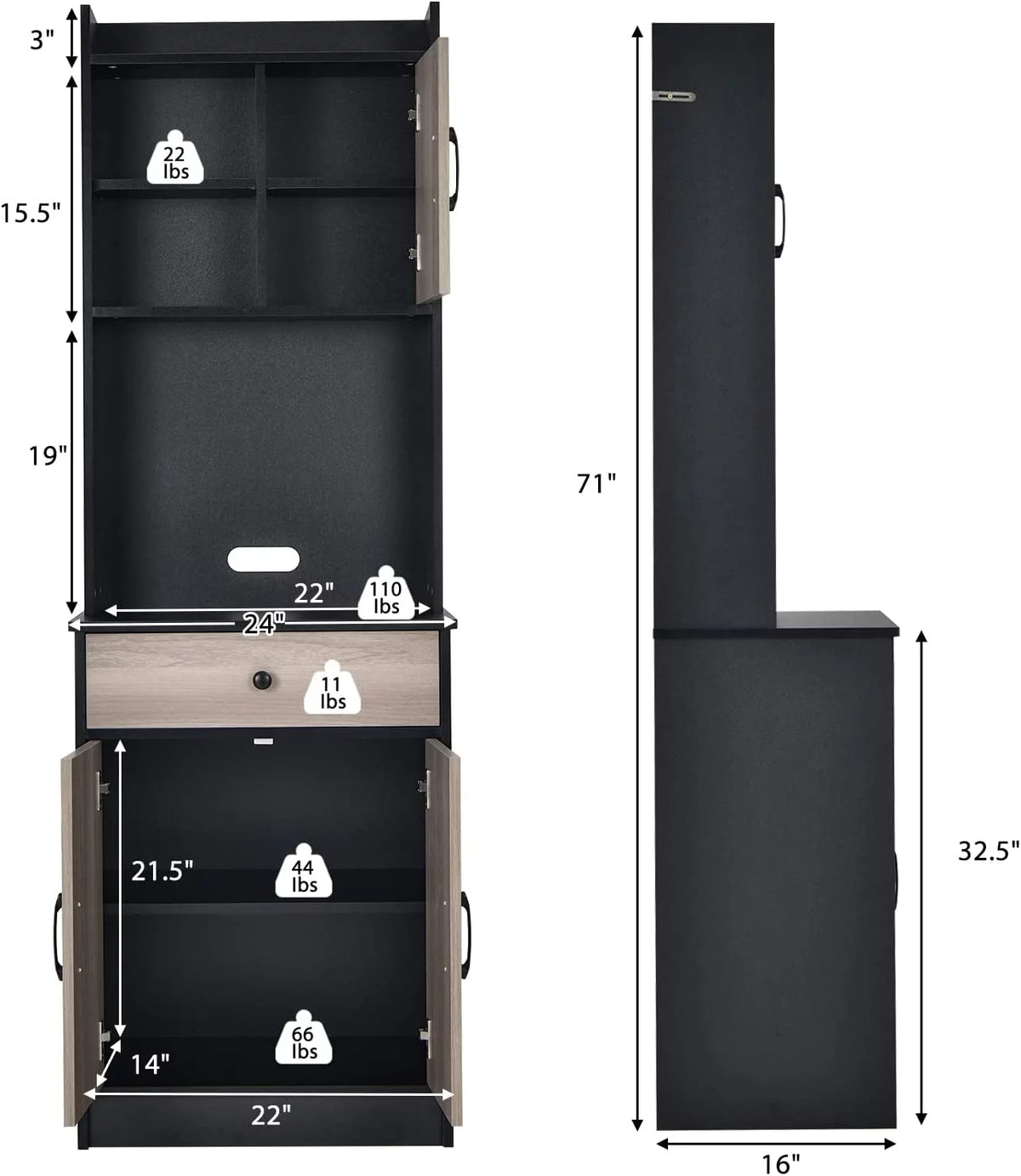 Tall Buffet Hutch Cabinet with Drawer and Shelf, Black & Natural N703
