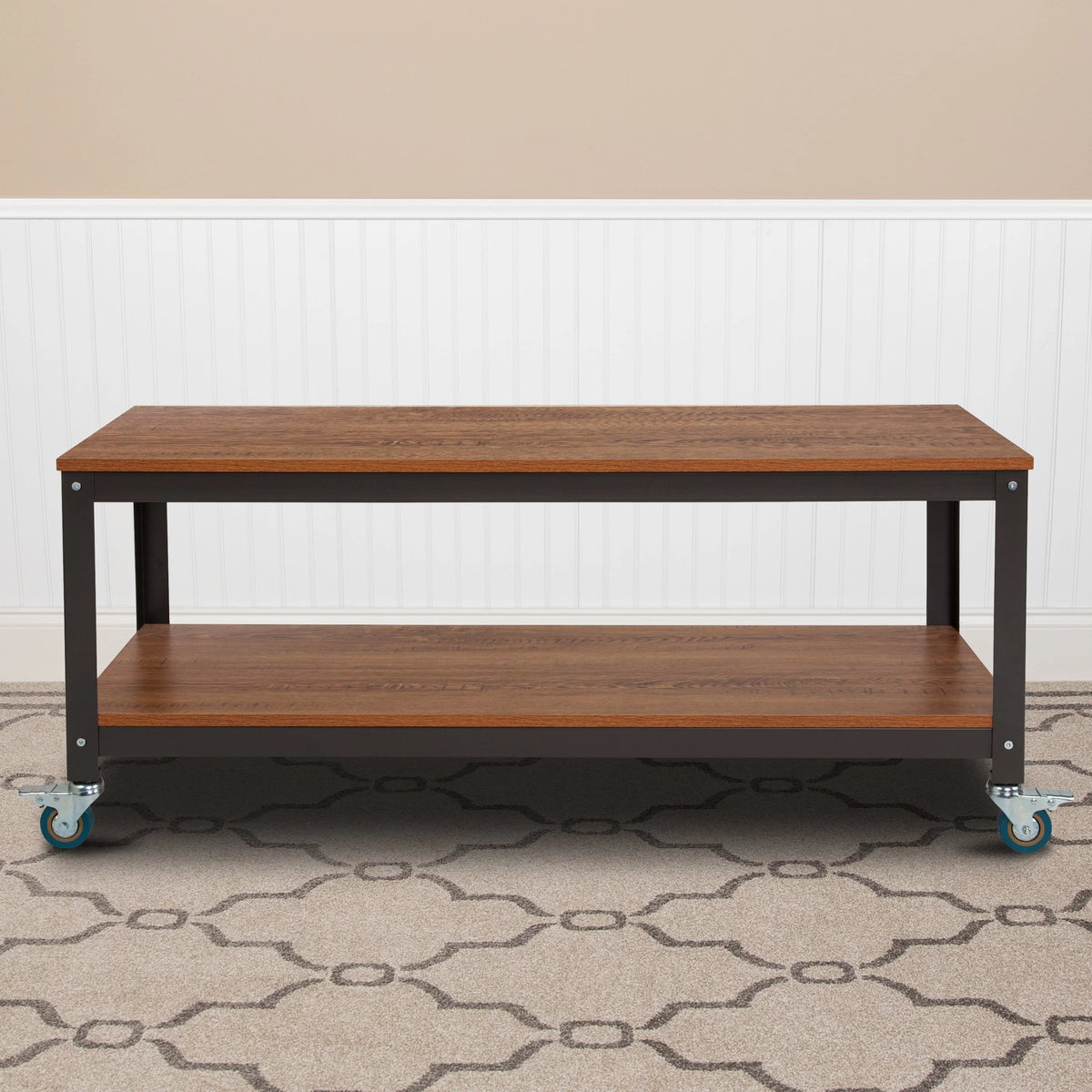 Brown Oak Wood Grain TV Stand with Metal Wheels C20985