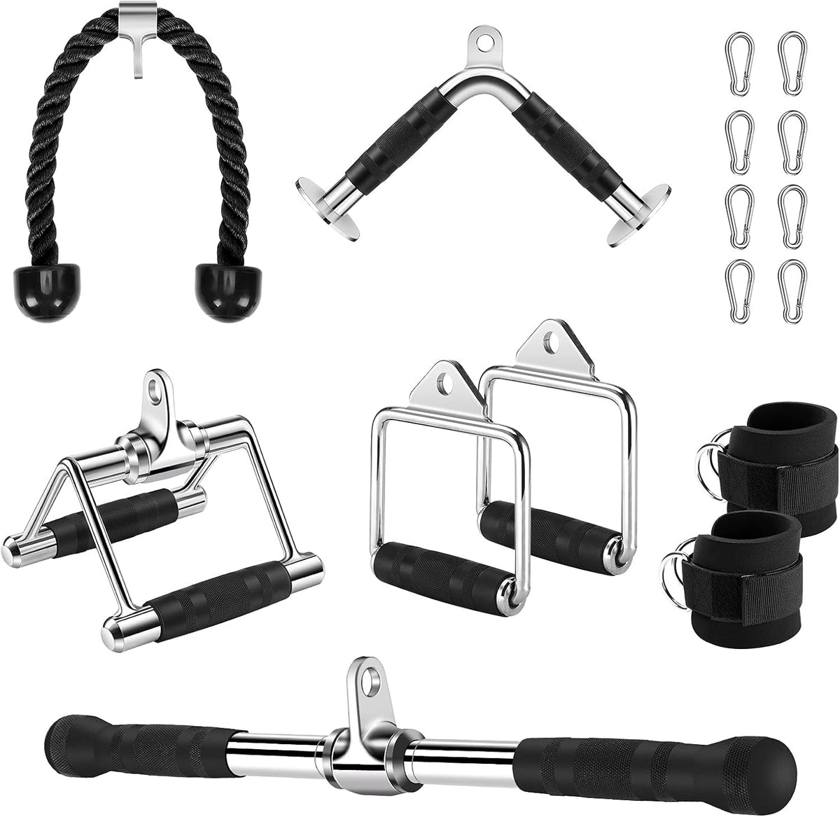 Cable Machine Attachments with Tricep Rope, V Shaped Bar, Straight Bar, Double D Handles, Ankle Straps D9272