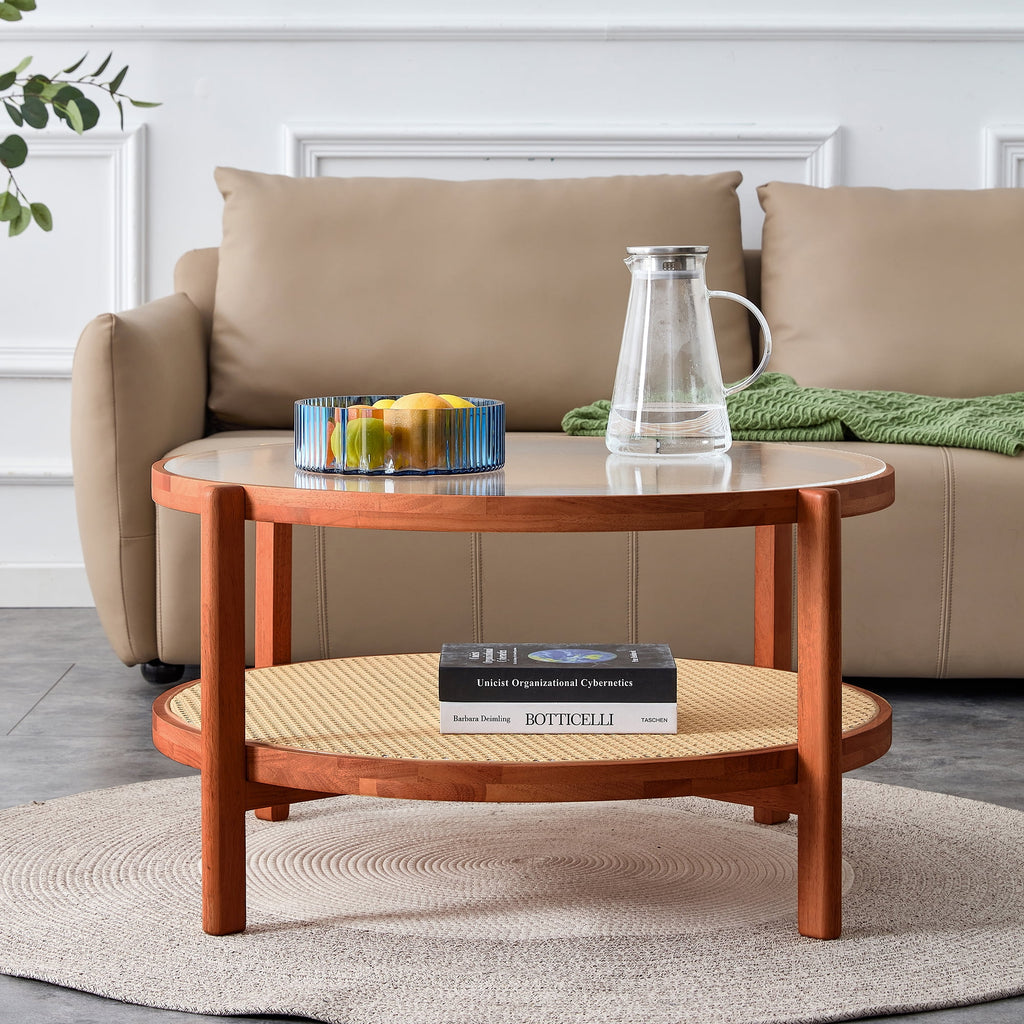 Solid Wood Coffee Table with Glass Top and PE Rattan C446936