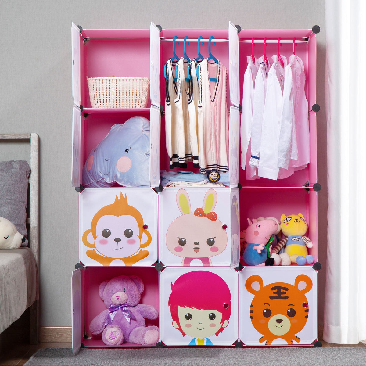 Pink Children's Portable Clothes Closet Rack with Storage Cubes O75526