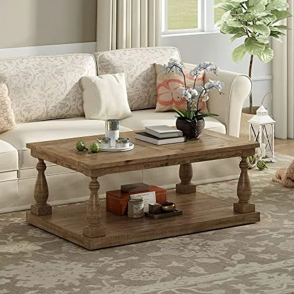Yellow Brown Solid Pine Wood Coffee Table with Storage Shelf K123
