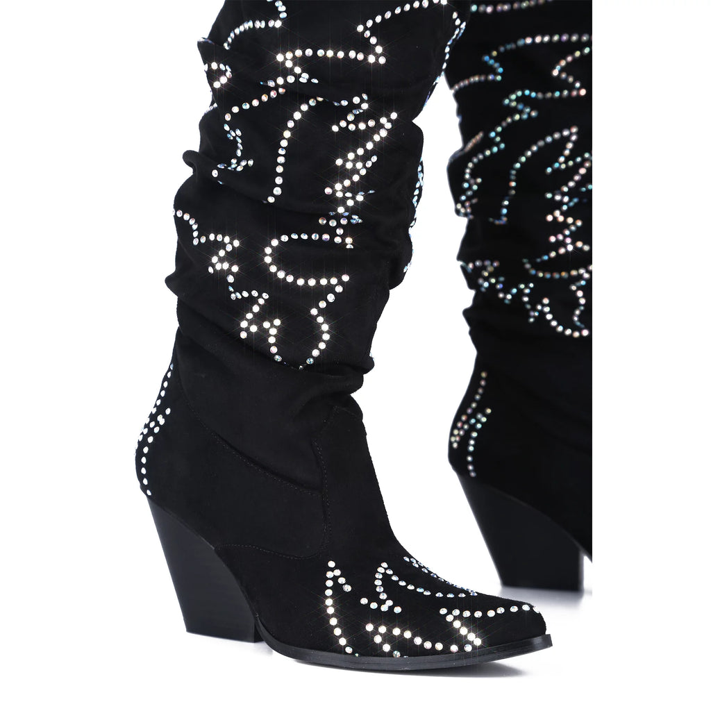 Black White Western Over Knee Boot S1271