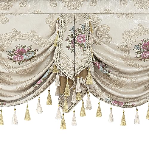 Pearly Beige Jacquard Waterfall Valance with Tassels, W79Inch K19290