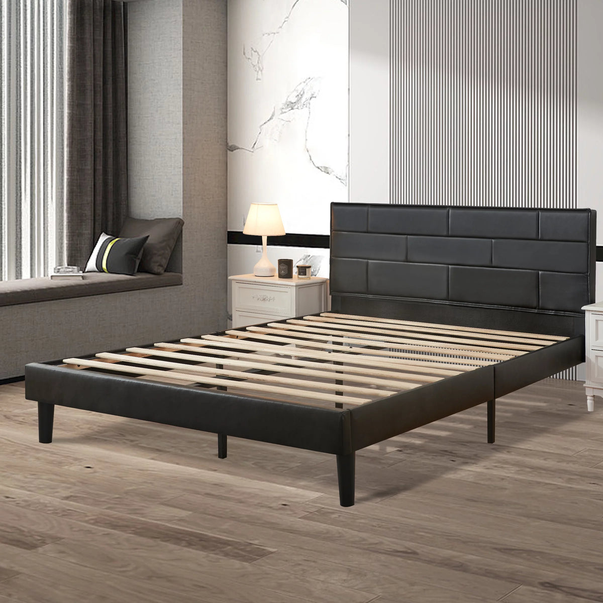 King Platform Bed Frame with PU Leather Upholstered Headboard V61868