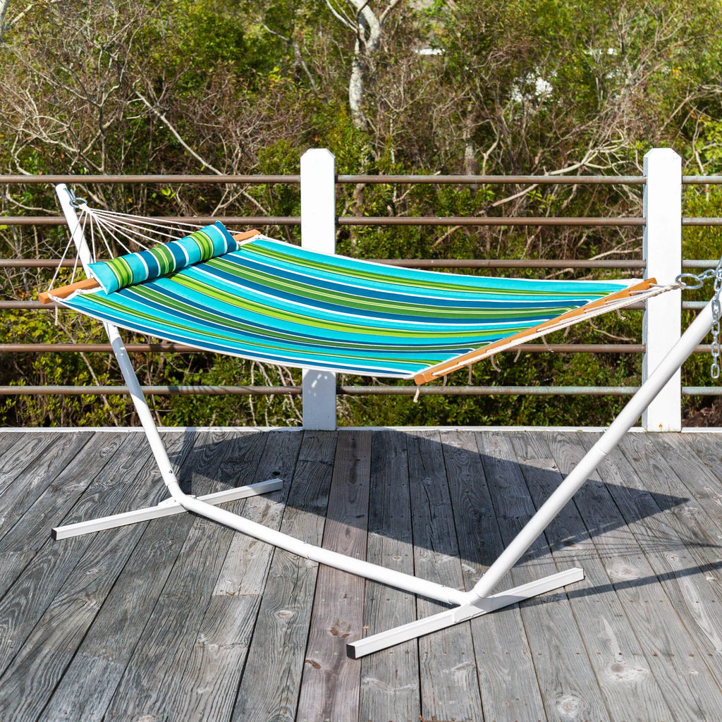 Blue and Green Stripe Quilted Hammock with Stand and Pillow A39760