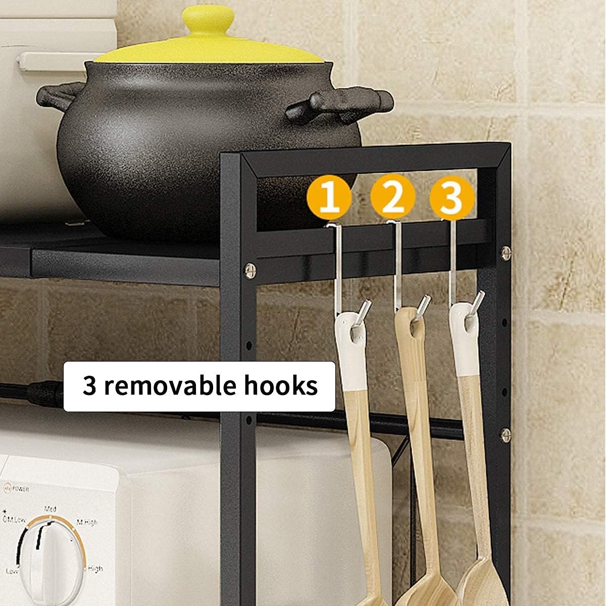 3-Tier Adjustable Heavy Duty Microwave Rack with 3 Hooks Carbon Steel Matte Black W68619