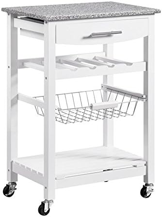 Granite Top Pine Wood Rolling Kitchen Island Microwave Cart with Storage D353