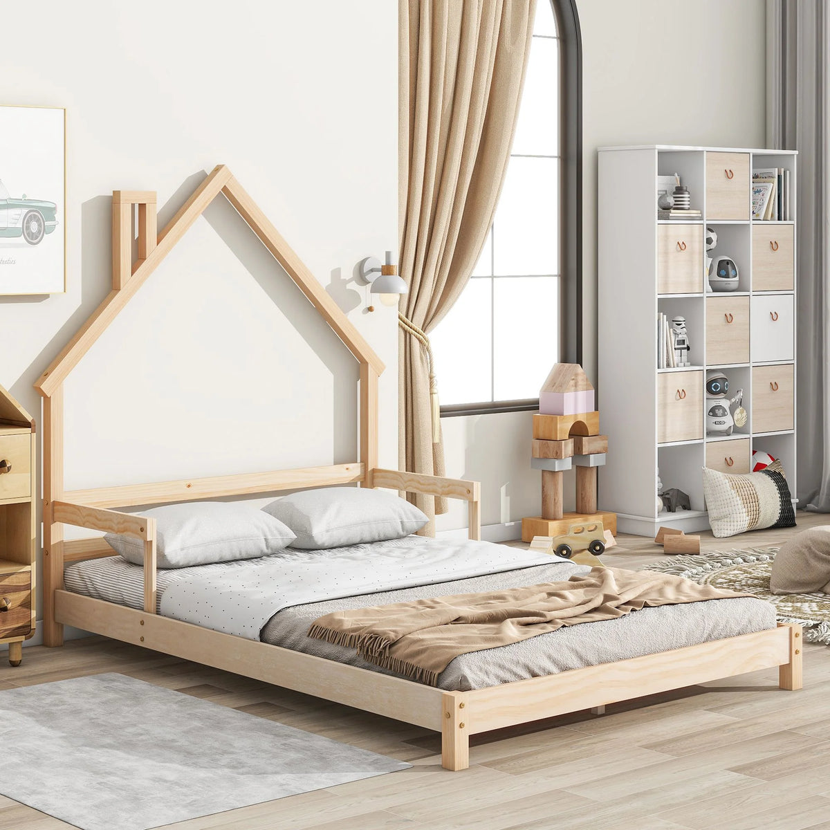 Wood House-Shaped Headboard Floor Bed with Handrails O8717