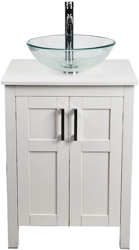 White 24 Inches Bathroom Vanity with 2 Doors Tempered Glass Sink Top B8517