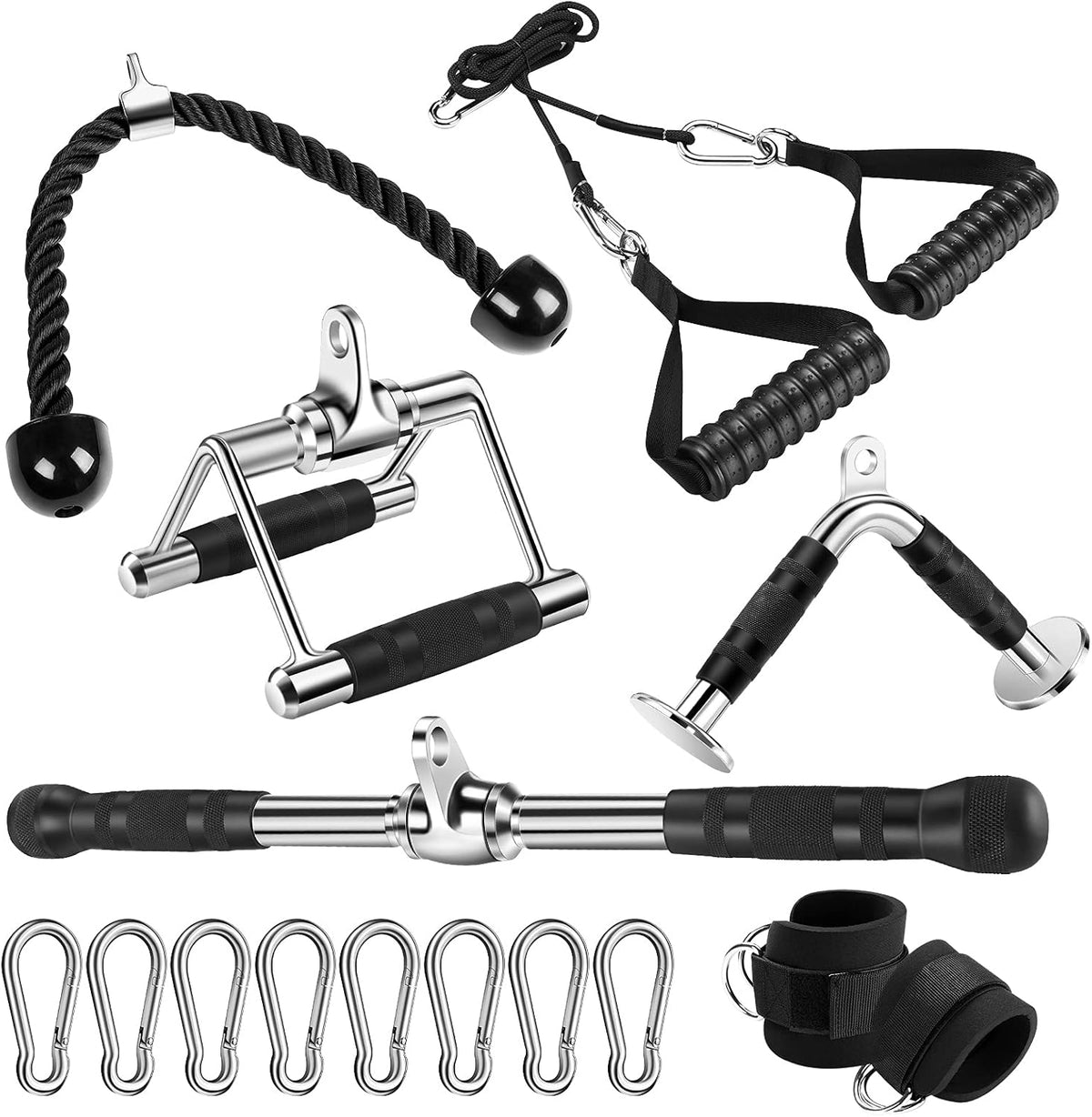Cable Machine Attachments with Tricep Rope, V Shaped Bar, Straight Bar, Double D Handles, Ankle Straps D9272