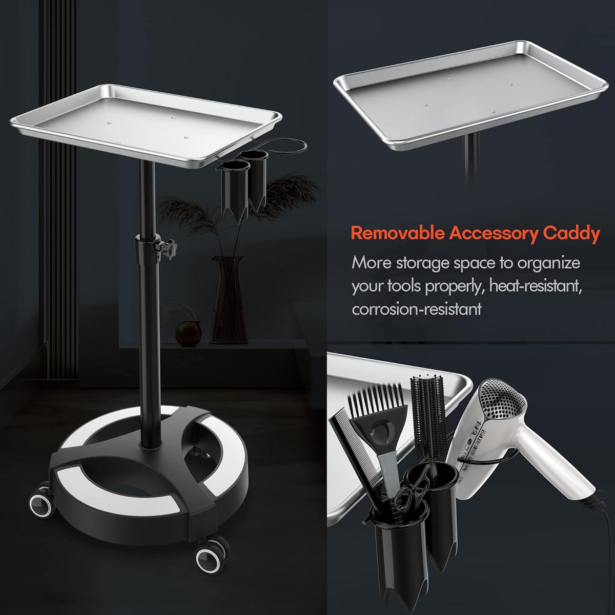 Adjustable Height Aluminum Salon Tray Cart with Accessory Caddy B137