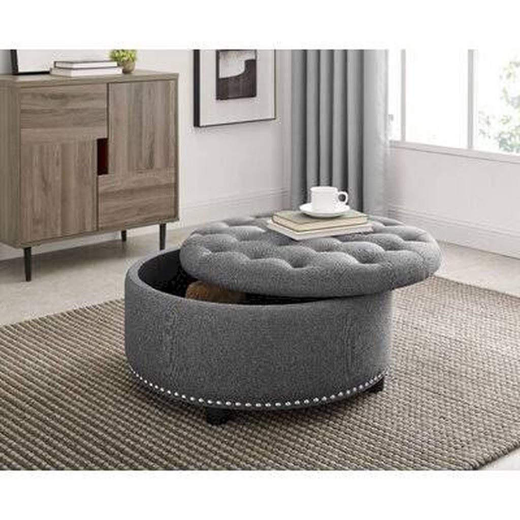 Grey Polyester Tufted Round Storage Ottoman T4997
