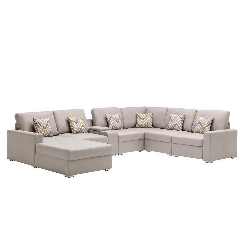 Beige Fabric Reversible Sectional with Charging Port and Storage Console Y1559