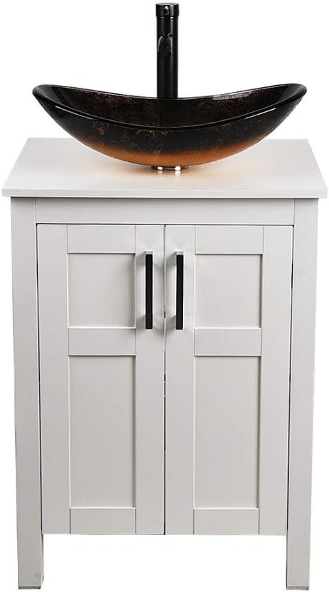 White 24 Inches Bathroom Vanity with 2 Doors Tempered Glass Sink Top B8517