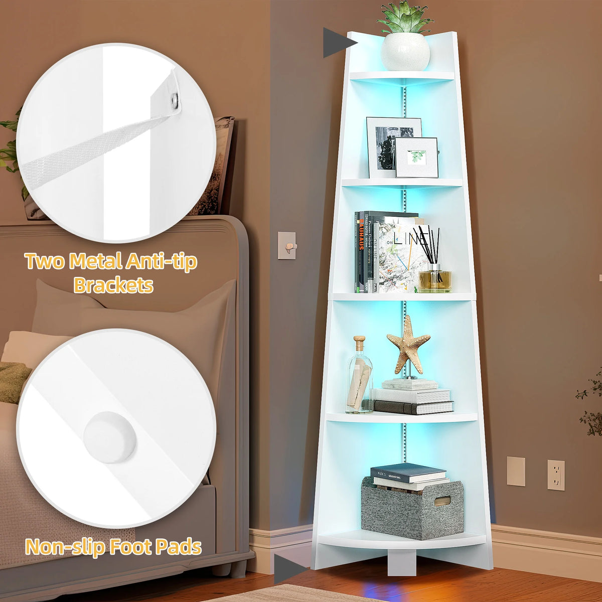 White 5 Tier Corner Shelf with Led Light X62351