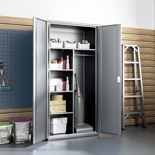 Grey 72" Steel Storage Cabinet with 4 Shelves and Hanging Rod Y107921