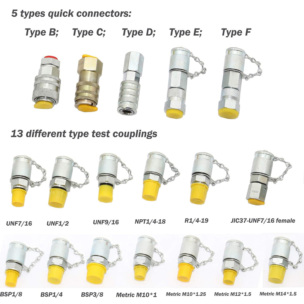 Hydraulic Pressure Test Coupling Kit, Pressure Gauges Set, Test Hose, BSPP ORFS JIC Hydraulic Swivel Run Tees Set Repair Tools U597207
