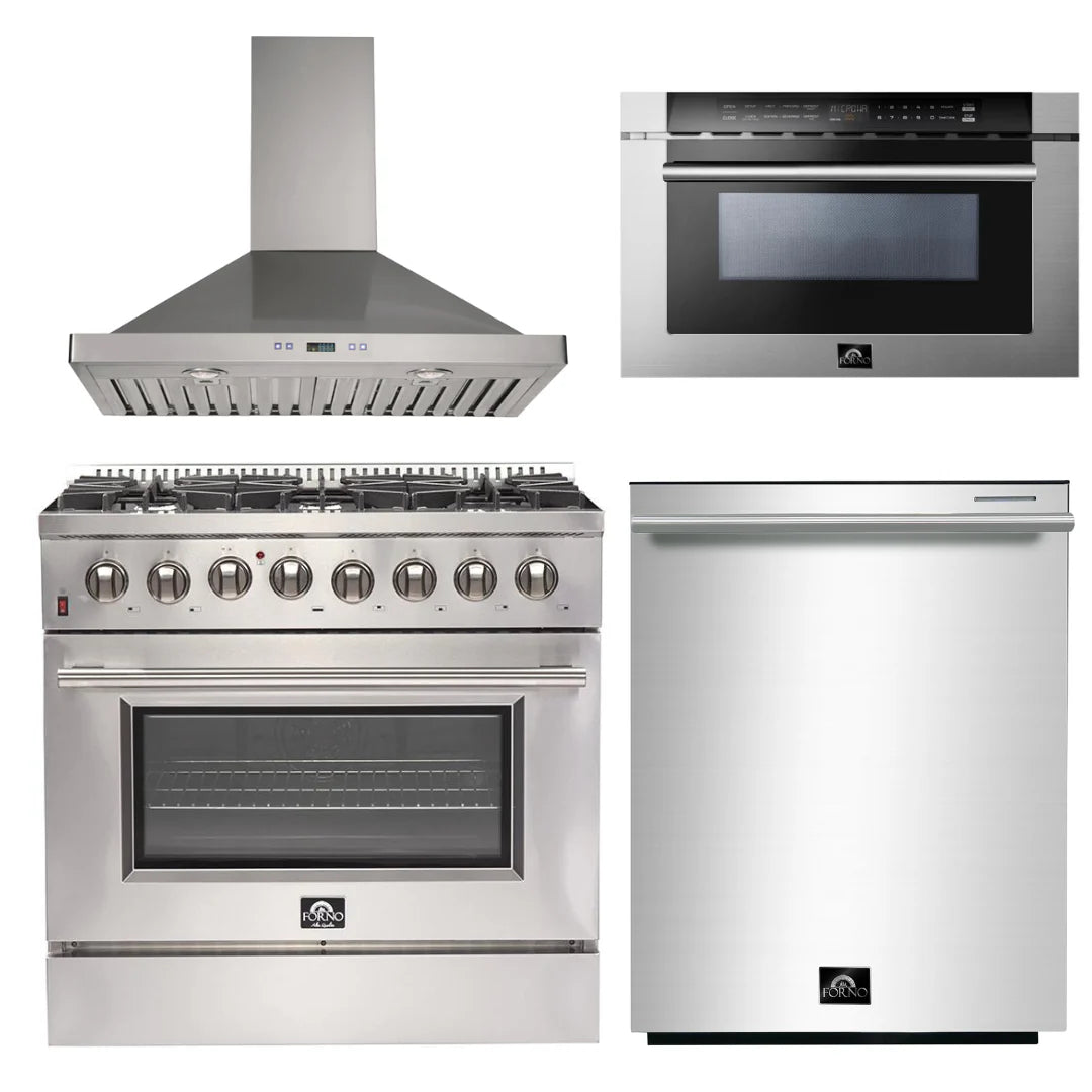 36 Inch Dual Fuel Range, Wall Mount Range Hood, Microwave Drawer, Dishwasher Y57591