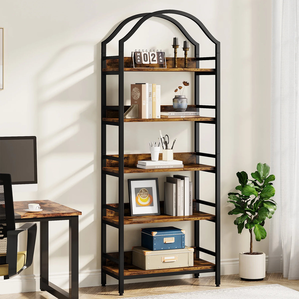 73 Inches 5-tier Arched Bookshelf with 4 Hooks V720