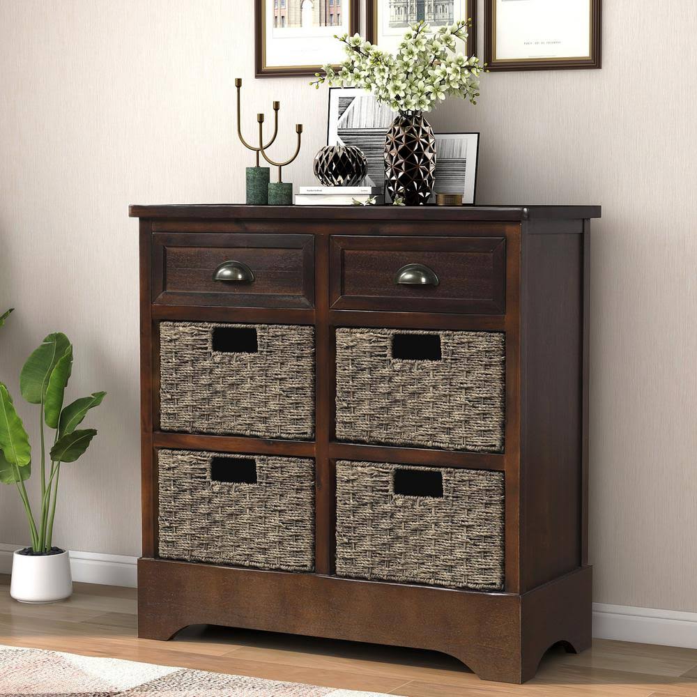 Espresso Rustic Storage Cabinet with 2-Drawers and 4 Fabric Basket B955773
