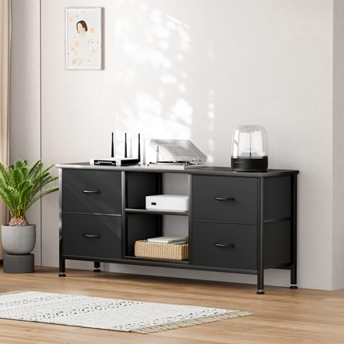 Black Wood Veins TV Stand with 4 Fabric Drawers L2896