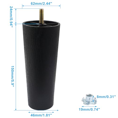 4Pcs 6 inch Plastic Tapered Sofa Legs with M8 Hanger Bolts J56239
