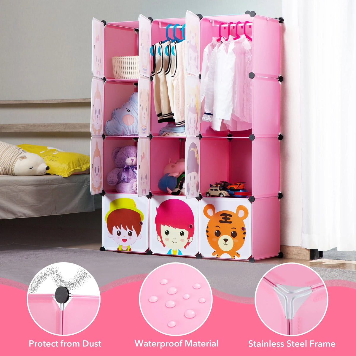 Pink Children's Portable Clothes Closet Rack with Storage Cubes O75526