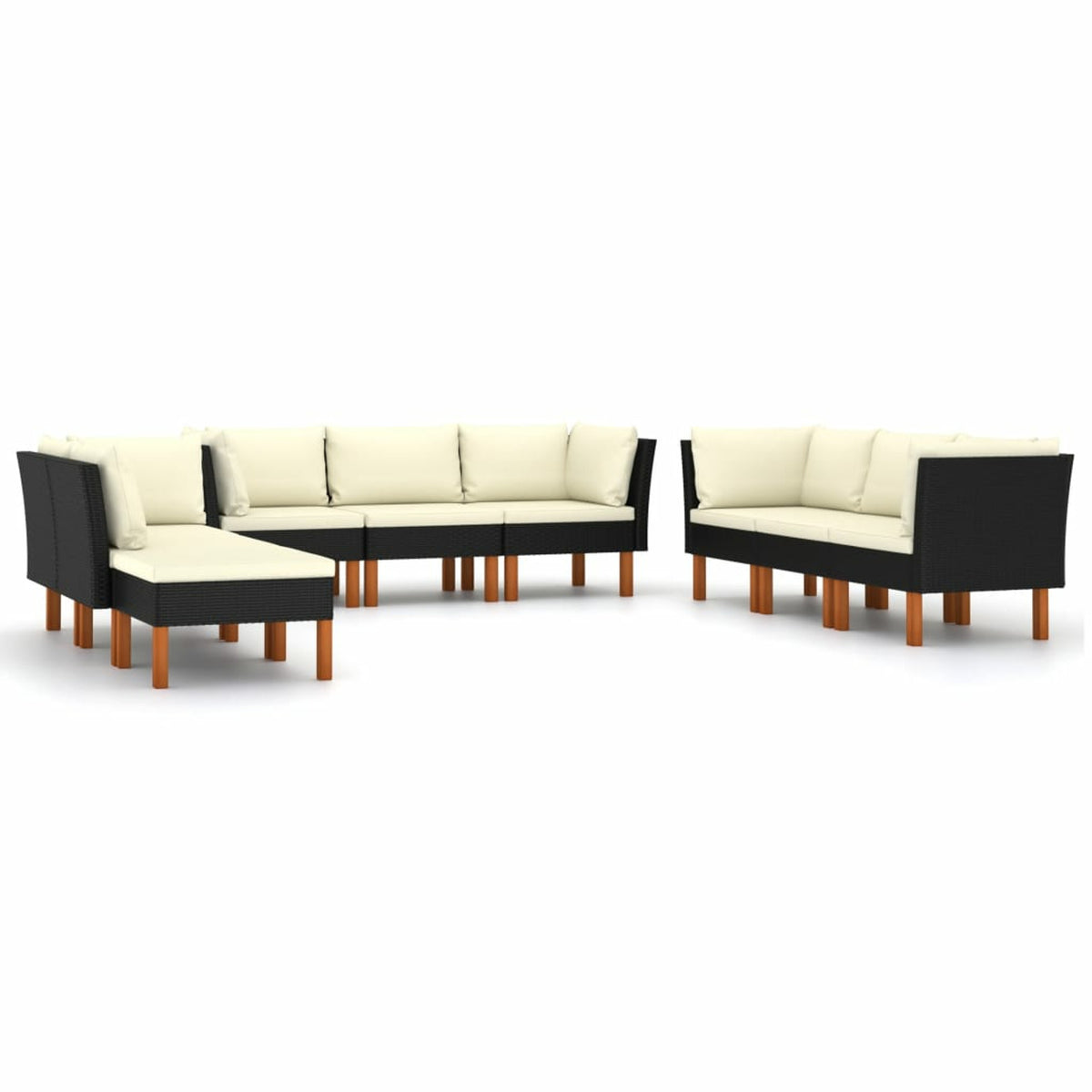 9 Piece Black Poly Rattan Outdoor Sofa Set with Cream White Cushion and Wood Legs J957