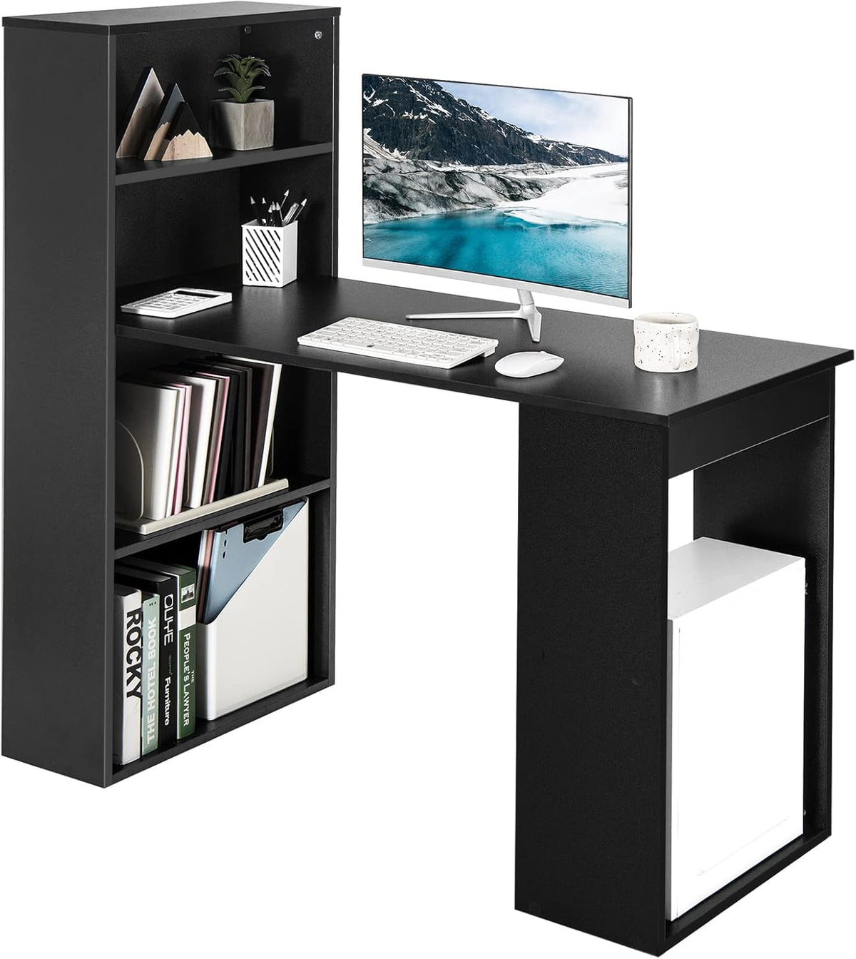 Black Computer Desk with Bookcase and Storage Shelves E3171