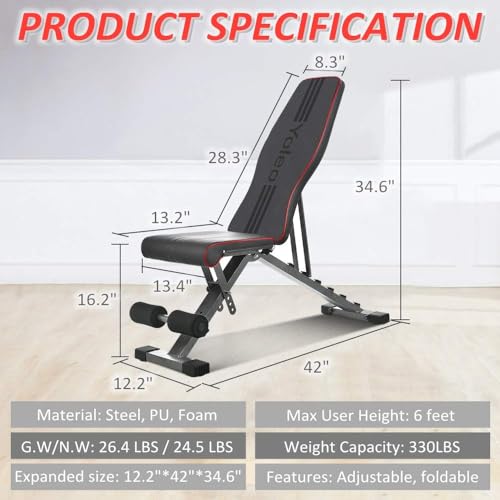 Adjustable Weight Bench, Foldable Folding Bench 330 lbs Capacity, Decline Incline Flat V627