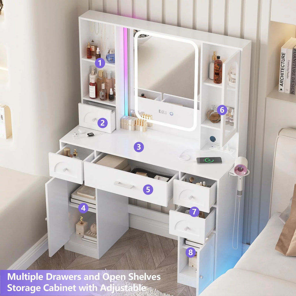White Vanity Desk with Mirror and Lights, 5 Drawers T99433