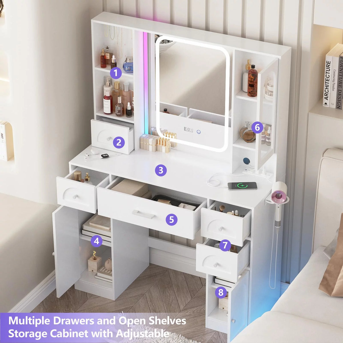 White Vanity Desk with Mirror and Lights, 5 Drawers T99433